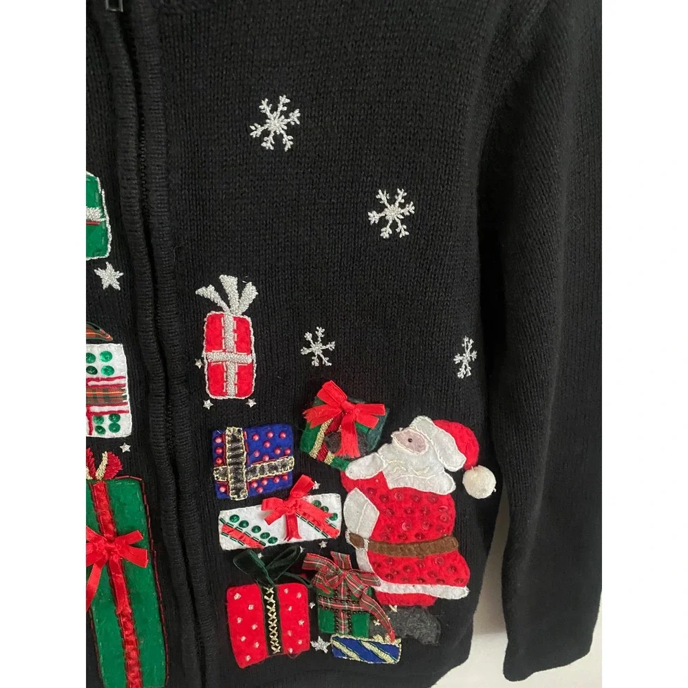 Tiara Petites Vintage Christmas Cardigan Full Zip Santa Presents‎ Sequin Sweater